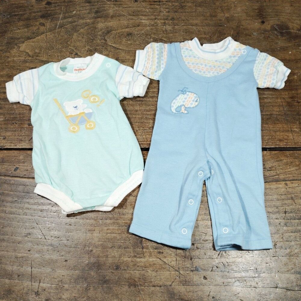 Two Vintage 70s Health-Tex Baby Boy Romper Sz 6 Mo USA Made Blue Overall